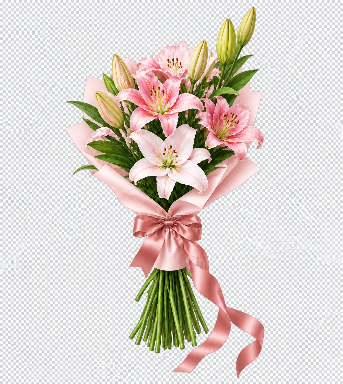 A bouquet of pink and ivory lilies wrapped in blush paper and tied with a rose satin ribbon